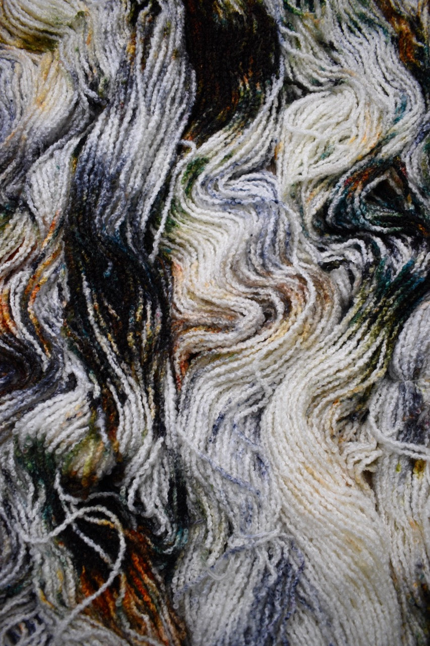 Hand dyed merino yarn, boucle texture, colour Koi Pond.