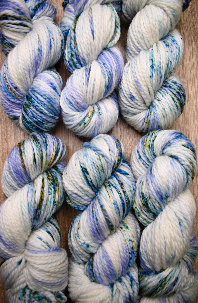Blue speckled hand dyed merino bulky yarn.