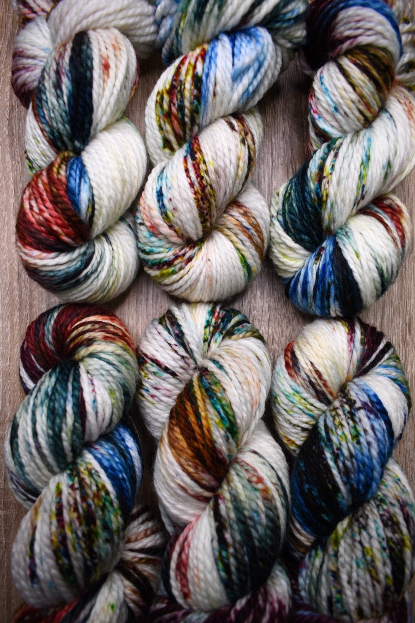 Colourful speckled hand dyed merino wool yarn bulky weight.