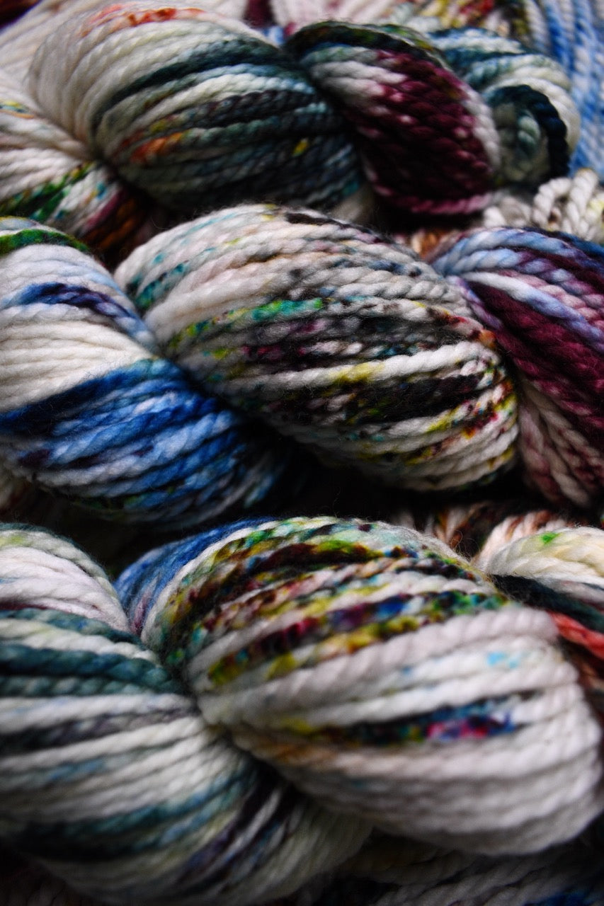 Colourful speckled hand dyed merino wool yarn bulky weight.