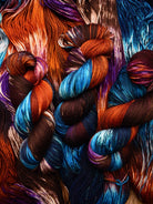 Hand dyed merino yarn blue purple orange.