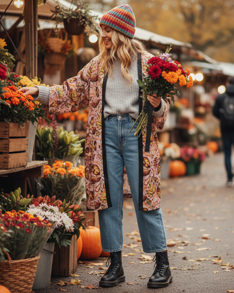 Woman shopping at an outdoor market with flowers and pumpkins