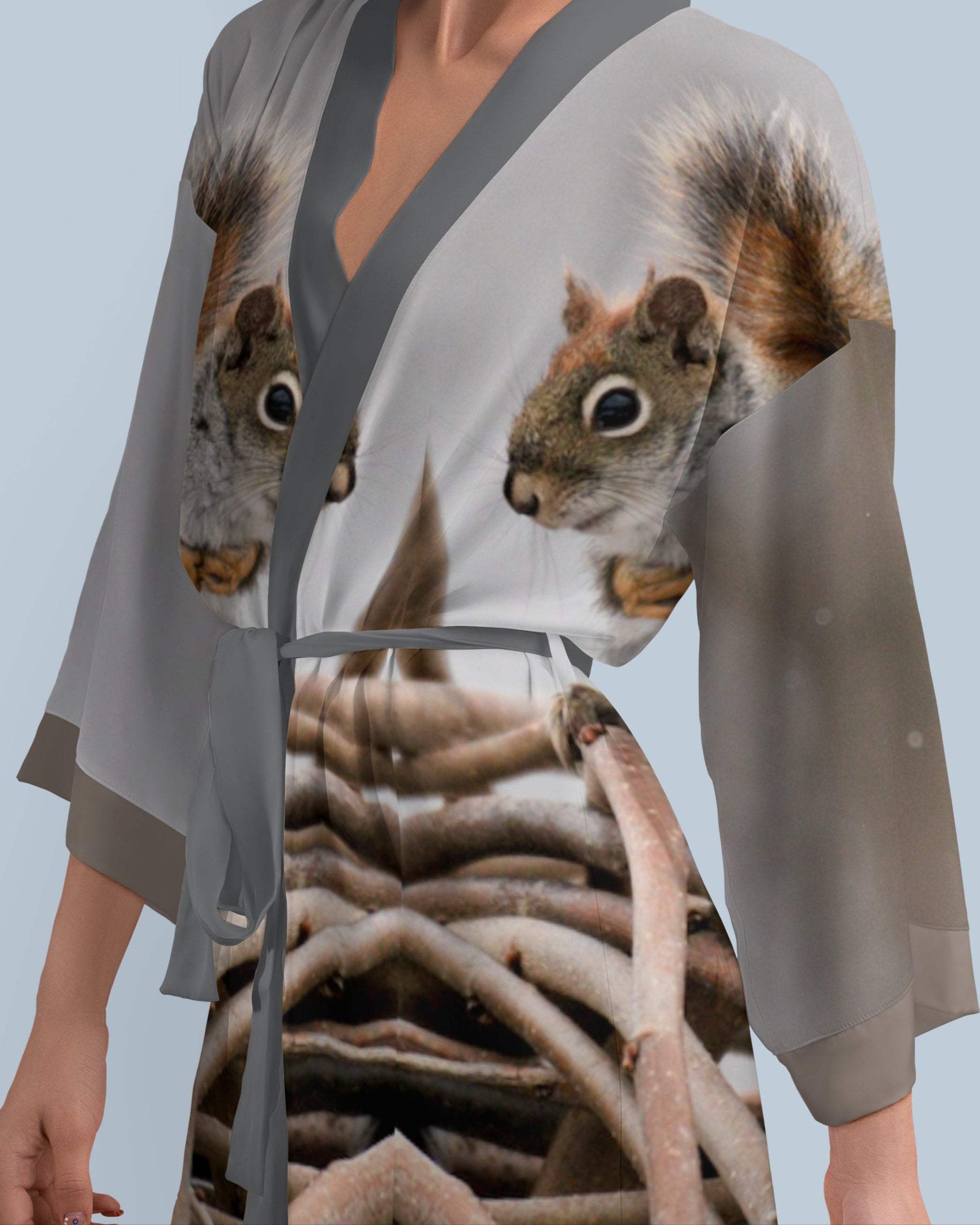 Silk robe with squirrel print photo worn by a woman 