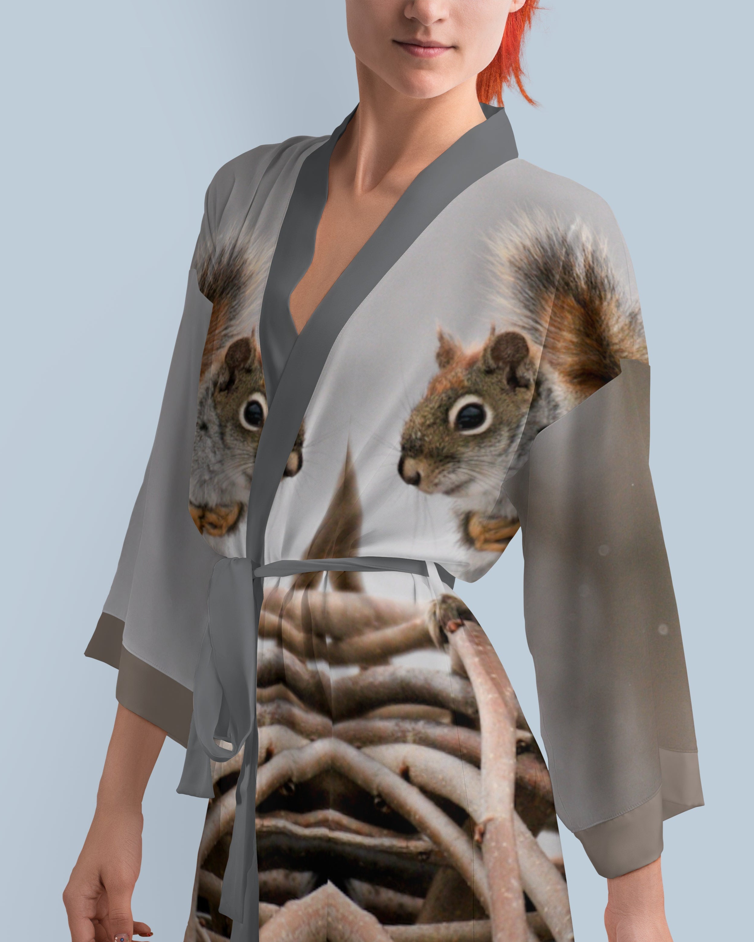 Silk robe with squirrel print photo worn by a woman 