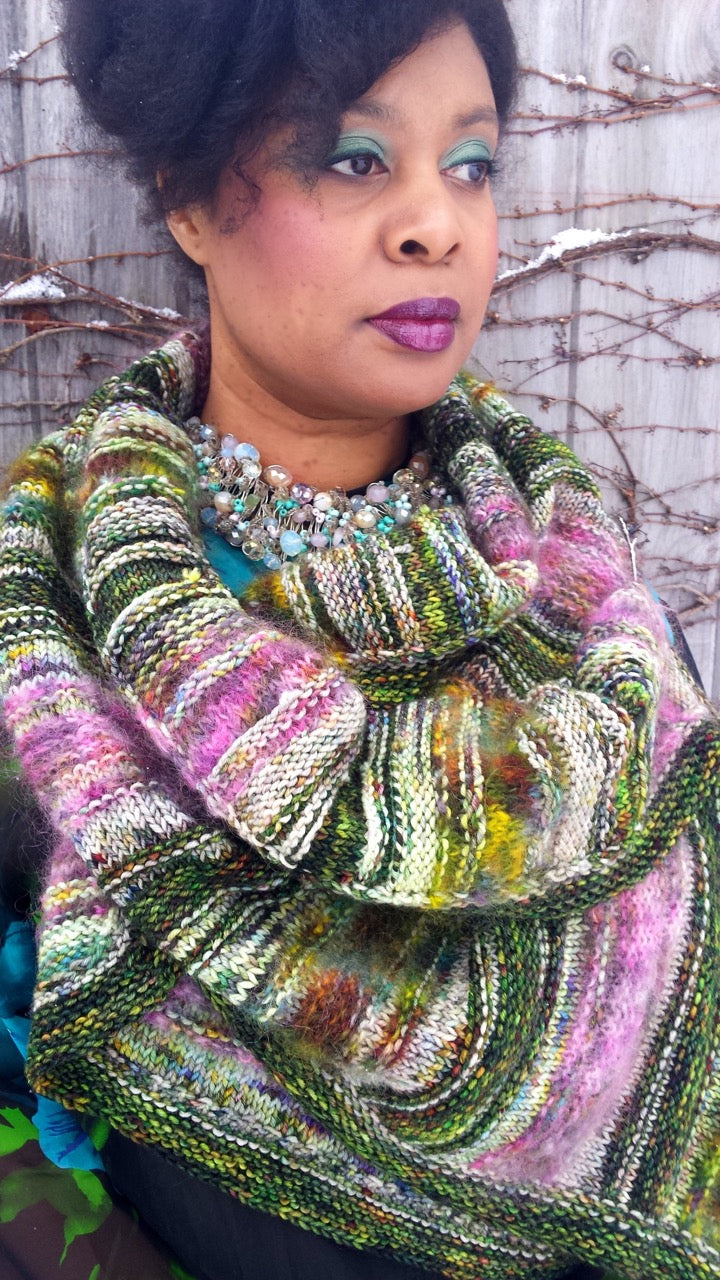 Knitting pattern colourful shawl using hand dyed yarn.