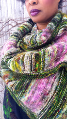 Knitting pattern colourful shawl using hand dyed yarn.